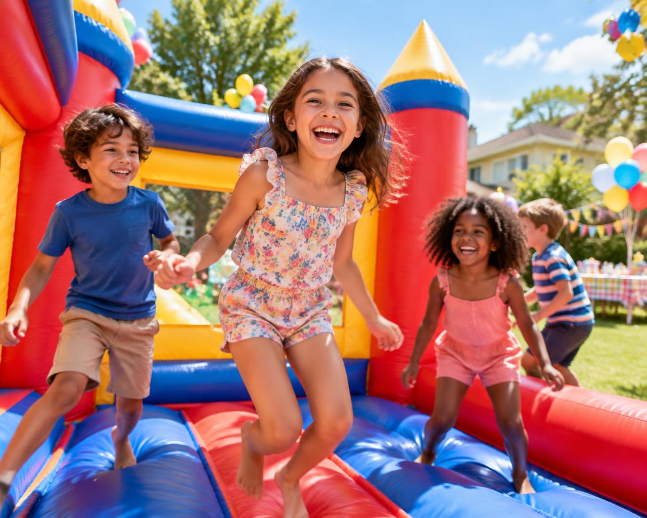 Happy children jumping in a red, blue and yellow bounce house at a backyard birthday party